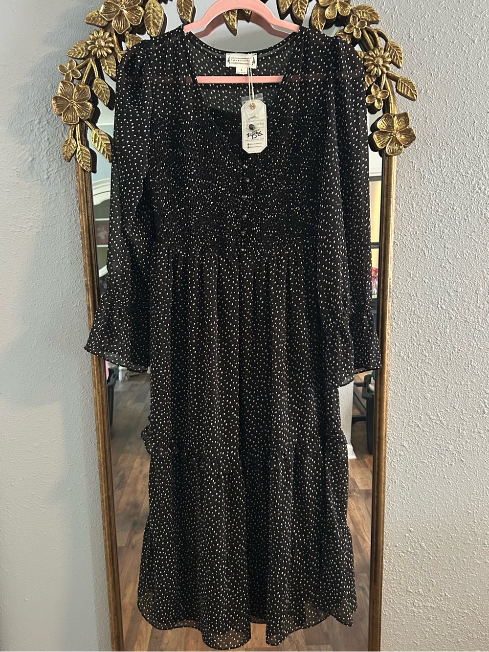 Love Riche Black Smocked Longsleeved Midi Dress